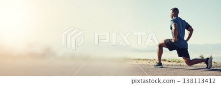 Banner, outdoor and man stretching, exercise and lunge with fitness, wellness and activity. Outside, healthy person or athlete with overlay, mockup space and training with warm up, workout and runner 138113412
