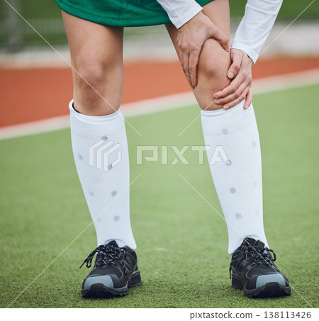 Sports, injury and legs of woman on field, grass or athlete walking with joint pain in soccer, accident or game. Medical, emergency and person with knee problem, ache or sore tendinitis and arthritis Sports, injury and legs of woman on field, grass or athlete walking with joint pain in soccer, accident or game. Medical, emergency and person with knee problem, ache or sore tendinitis and arthritis 138113426