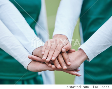 Stack, sports or hands of team in huddle with support, solidarity or plan for a hockey training game. Group, turf closeup or athletes in practice for fitness exercise or match together for teamwork 138113433