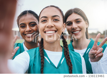 Sports women, team selfie and peace sign on field for memory, competition and portrait for fitness. Girl group, photography and post on social media with emoji, v icon and diversity for hockey game Sports women, team selfie and peace sign on field for memory, competition and portrait for fitness. Girl group, photography and post on social media with emoji, v icon and diversity for hockey game 138113461