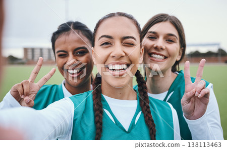 Sports selfie, girl team and peace sign on field for memory, competition and portrait for fitness. Women group, photography and wink on social network with emoji, v icon and diversity for hockey game 138113463