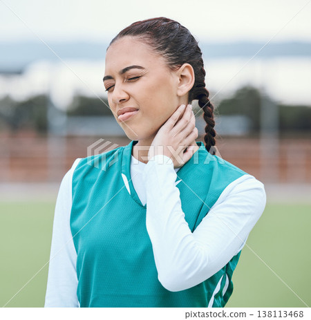 hockey, sports accident or woman with injury or neck pain after workout exercises or fitness training alone. Hurt, girl or injured sports athlete holding sore muscle after bad accident or emergency hockey, sports accident or woman with injury or neck pain after workout exercises or fitness training alone. Hurt, girl or injured sports athlete holding sore muscle after bad accident or emergency 138113468