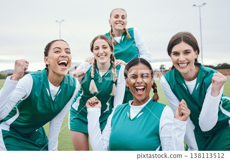 Sports, field and portrait of happy woman with team, celebration and award winning at challenge. Diversity, hockey and excited group of women, winner at competition with smile and success at stadium. 138113512