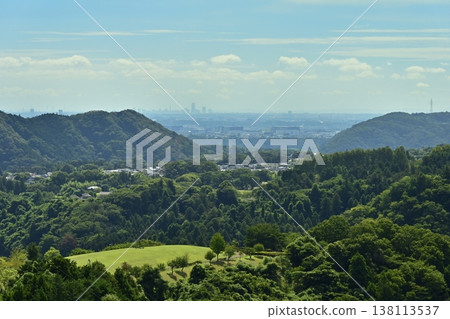 A distant view of Yokohama city from the top of the Miyagase Dam in Sagamihara, Kanagawa Prefecture. A distant view of Yokohama city from the top of the Miyagase Dam in Sagamihara, Kanagawa Prefecture. 138113537