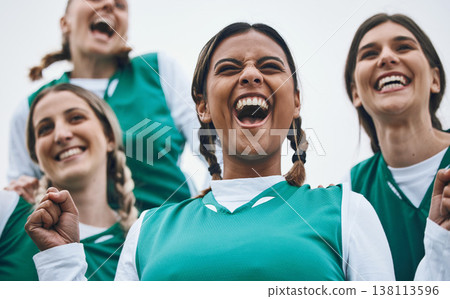 Sports, celebration and portrait of happy woman with team, achievement and winning at challenge. Diversity, hockey and excited group of women, winner at competition with smile and success at stadium. 138113596