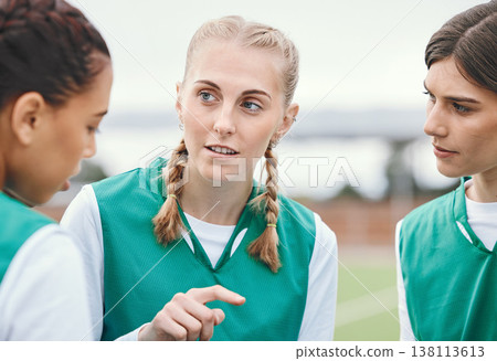 Sports, hockey team and women planning outdoor at field together for competition training. Fitness, group of girls and discussion for game strategy, collaboration for workout and exercise at park Sports, hockey team and women planning outdoor at field together for competition training. Fitness, group of girls and discussion for game strategy, collaboration for workout and exercise at park 138113613