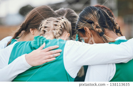 Hug, sports women or team in huddle with support, solidarity or plan for a hockey training game. Group, strategy or female athletes in practice for fitness exercise or match together for teamwork Hug, sports women or team in huddle with support, solidarity or plan for a hockey training game. Group, strategy or female athletes in practice for fitness exercise or match together for teamwork 138113635