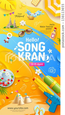 Songkran water festival travel thailand, water gun, flyer poster design on yellow and blue background Songkran water festival travel thailand, water gun, flyer poster design on yellow and blue background 138113655