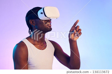 Virtual reality, digital world and black man press on screen, future technology and holographic on gradient background. UX, 3D and high tech with VR, metaverse and scifi in studio with cyber space Virtual reality, digital world and black man press on screen, future technology and holographic on gradient background. UX, 3D and high tech with VR, metaverse and scifi in studio with cyber space 138113672