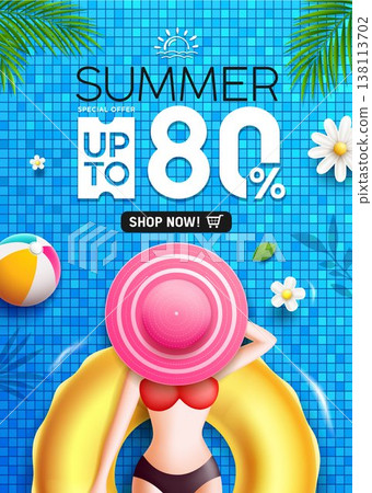 Summer sale a young woman sunbathing on a lifebuoy in a swimming pool blue poster background 138113702
