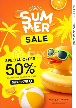 Summer sale, Yellow rubber duck, Coconut palm silhouette design poster on orange background Summer sale, Yellow rubber duck, Coconut palm silhouette design poster on orange background 138113703
