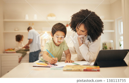 Mom, child and writing in home education, e learning and family support or creative development in kitchen. Interracial mother, parents and kid drawing or color in book for online school and teaching Mom, child and writing in home education, e learning and family support or creative development in kitchen. Interracial mother, parents and kid drawing or color in book for online school and teaching 138113735