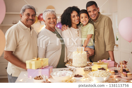 Family, birthday party and generations in portrait, celebration with cake and grandparents, parents and child with smile. Special event, dessert and people at home with bakery food, happy and fun 138113756
