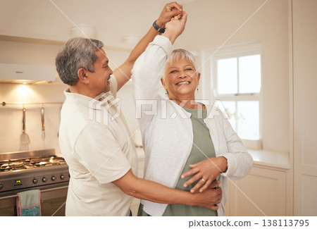 Old couple, dancing in kitchen with love and bonding, love and energy with support and life partner in marriage. Commitment, dancer and fun together at home, music and trust with people in retirement 138113795