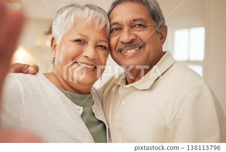 Selfie, smile and senior couple in home with love, support and portrait of marriage in retirement together. Digital photography, face of happy man and old woman in apartment to post on social media. 138113796