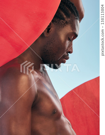 Art, profile and man with style, creative graphic and red dot with fitness and workout in studio. Blue background, male model and muscle with skin glow, power and strong chest with thinking and cover 138113804