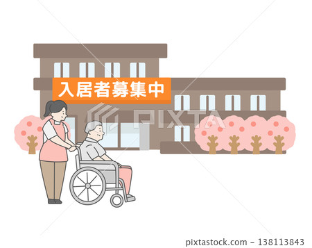 一幅養老院建築的插圖,上面掛著招收新住戶的牌子,還有一棵櫻桃樹(旁邊畫著一位女護理員和一位老人)。 一幅養老院建築的插圖,上面掛著招收新住戶的牌子,還有一棵櫻桃樹(旁邊畫著一位女護理員和一位老人)。 138113843