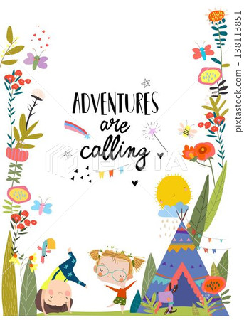 Cartoon Flower Frame with Happy Kids playing Near Teepee Tent Cartoon Flower Frame with Happy Kids playing Near Teepee Tent 138113851
