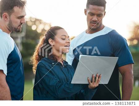 Coach, sports and woman with notebook for team training, exercise and workout schedule outdoors. Fitness, teamwork and trainer with men and notes for planning game strategy, match and competition 138113871