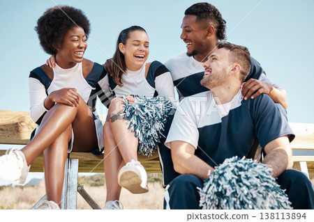 Cheerleader, sports and people laugh on bench for performance, dance and motivation for game. Teamwork, dancer and people laugh in costume for support in match, competition and field event outdoors Cheerleader, sports and people laugh on bench for performance, dance and motivation for game. Teamwork, dancer and people laugh in costume for support in match, competition and field event outdoors 138113894