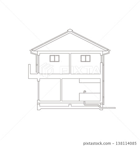 Line drawing illustration of a cross-section of a detached house Line drawing illustration of a cross-section of a detached house 138114085