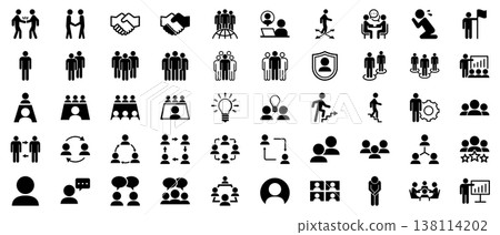 一套用於商業、人物和溝通的單色圖示（向量、輪廓、簡潔）。 138114202