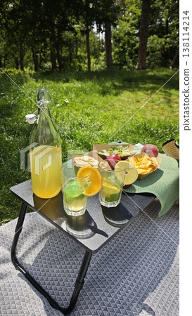 Refreshing lemonade served in glasses with citrus slices, accompanied by a bottle and a platter of fruits on a picnic table in a sunny outdoor setting Refreshing lemonade served in glasses with citrus slices, accompanied by a bottle and a platter of fruits on a picnic table in a sunny outdoor setting 138114214