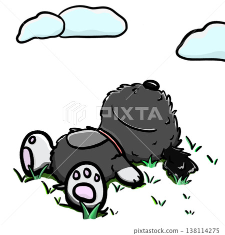 Fluffy dog lying flat and sleeping on grass cartoon illustration 138114275