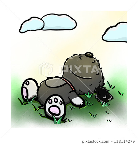 Fluffy dog lying flat and sleeping on grass under sunlight cartoon illustration Fluffy dog lying flat and sleeping on grass under sunlight cartoon illustration 138114279