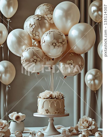 Floral balloons float on a quiet ceremony table. 138114307