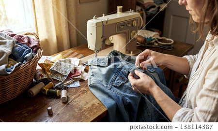 Woman Tailor Repairing Blue Denim Jacket with sewing machine 138114387