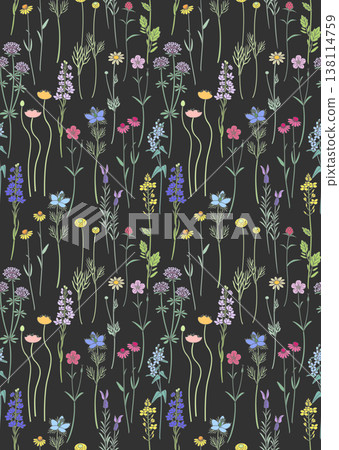 A seamless pattern of various natural and simple flowers and plants. A seamless pattern of various natural and simple flowers and plants. 138114759