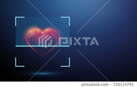 3d red heart shape inside blue digital scanning frame. Emotion analysis, user feedback monitoring, heart health analysis, wellness tracking, cardiology check concept. 138114791