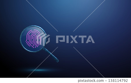 3d fingerprint under magnifying glass. Biometric scanning, identity verification, authentication process, detailed fingerprint analysis, security inspection concept. 138114792