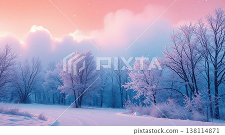 Snowy scenery is rendered in a fine art painting style. Quiet elegance and winter calm. 138114871