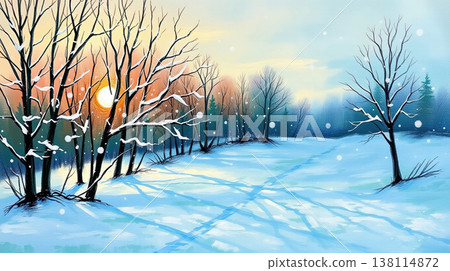 Snowy scenery is rendered in a fine art painting style. Quiet elegance and winter calm. 138114872