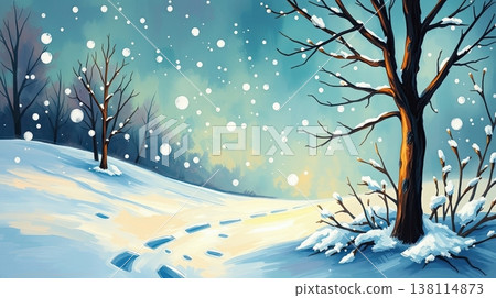 Snowy scenery is rendered in a fine art painting style. Quiet elegance and winter calm. Snowy scenery is rendered in a fine art painting style. Quiet elegance and winter calm. 138114873