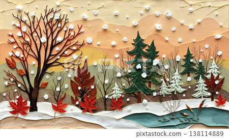 Snow-covered scenery is illustrated with soft artistic expression. Tranquility and peaceful winter atmosphere. Snow-covered scenery is illustrated with soft artistic expression. Tranquility and peaceful winter atmosphere. 138114889