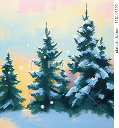 A winter landscape painting depicts snowy nature in an artistic style. A winter landscape painting depicts snowy nature in an artistic style. 138114893