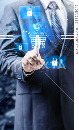 A businessman interacting with a virtual interface showing a shopping cart, padlocks, and legal shield, representing secure e-commerce and digital consumer protection A businessman interacting with a virtual interface showing a shopping cart, padlocks, and legal shield, representing secure e-commerce and digital consumer protection 138115045