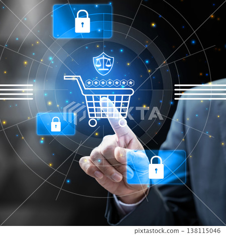 A businessman's hand interacting with a digital interface featuring a secure shopping cart, padlocks, and legal icons, representing consumer protection and cybersecurity in e-commerce A businessman's hand interacting with a digital interface featuring a secure shopping cart, padlocks, and legal icons, representing consumer protection and cybersecurity in e-commerce 138115046