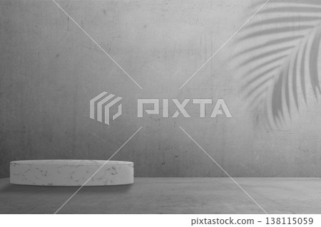 A round marble podium stands against a textured concrete wall with a soft tropical palm leaf shadow, creating a modern and minimalist background for product display and mockups 138115059