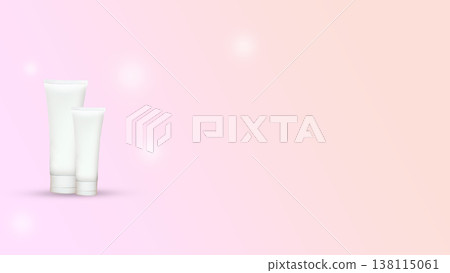 Two blank white cosmetic tubes of different sizes against a soft pink gradient background with bokeh lights and ample copy space for branding 138115061