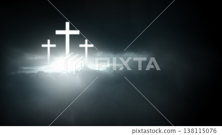 Dramatic representation of the crucifixion with three glowing crosses against dark, storm clouds. A symbol of hope and faith, perfect for Easter, Good Friday, or religious themes Dramatic representation of the crucifixion with three glowing crosses against dark, storm clouds. A symbol of hope and faith, perfect for Easter, Good Friday, or religious themes 138115076