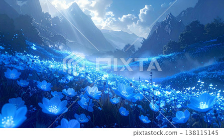 A field of blue-glowing nemophila flowers 138115145