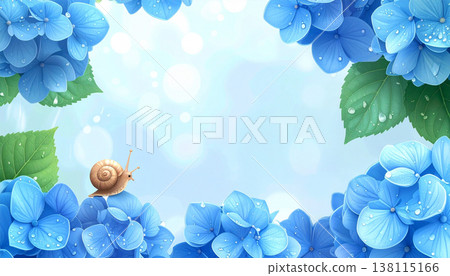 一幅3D插畫畫框，畫中描繪了淺藍色的繡球花和一隻被雨季雨水浸濕的蝸牛。 138115166
