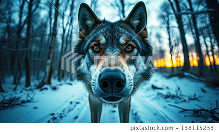 Snowy trees surround a lone wolf walking on a winter path. Soft, mystical light and peaceful winter solitude. 138115233