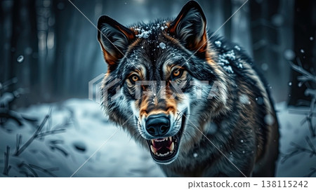 Winter fog and soft light highlight the wolf's fur on a snowy road. Quiet, ethereal, and majestic atmosphere. 138115242