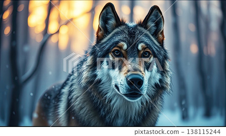 A solitary wolf walks through a dreamy winter landscape. Peaceful isolation and magical wilderness charm. A solitary wolf walks through a dreamy winter landscape. Peaceful isolation and magical wilderness charm. 138115244