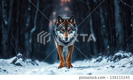 A solitary wolf walks through a dreamy winter landscape. Peaceful isolation and magical wilderness charm. A solitary wolf walks through a dreamy winter landscape. Peaceful isolation and magical wilderness charm. 138115245